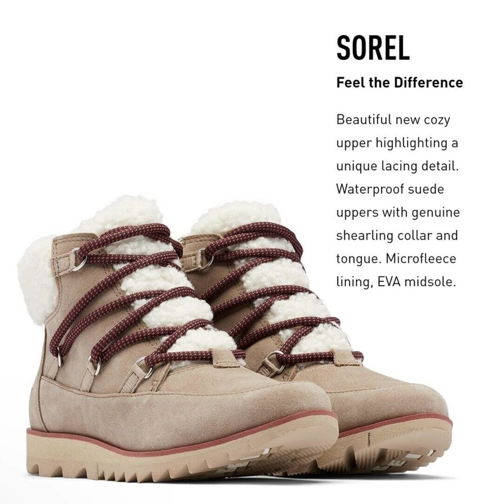 Sorel Women's Harlow Lace Cozy Waterproof Boot Omega Taupe/Ancient Fossil Size 5 - Picture 3 of 6